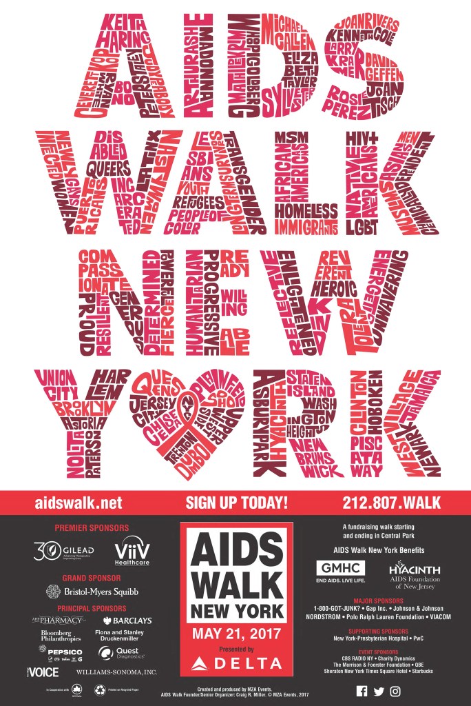 A poster for the AIDS Walk New York 2017 event, featuring the words "AIDS WALK NEW YORK" in large, red, block letters, which are composed of dozens of smaller, individual words related to the HIV/AIDS community, advocacy, location, and key figures. The bottom of the poster provides event details for May 21, 2017, presented by Delta, along with a list of premier, grand, principal, and major sponsors.