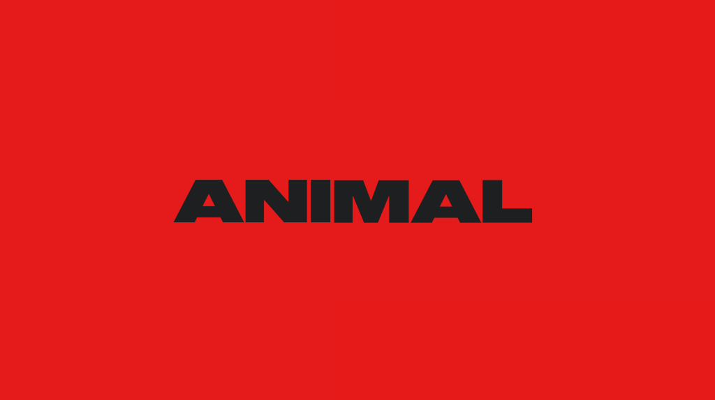 The word Animal is typset in the font Sequel the middle of a fully red screen. The font is bold, heavy, and geometric. 